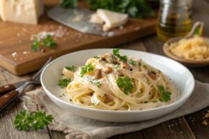 A beautifully plated pasta dish with creamy sauce, fresh herbs, and grated cheese on top, served on a rustic wooden table.