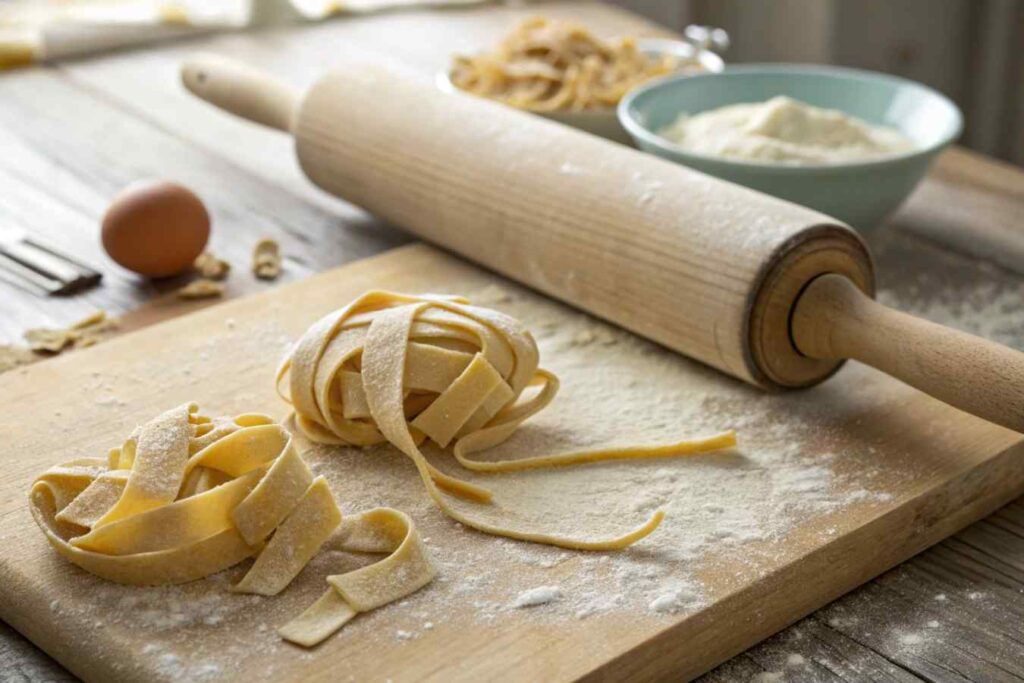 Freshly made pasta dough on a floured wooden surface, with a rolling pin and neatly cut pasta strips beside it.