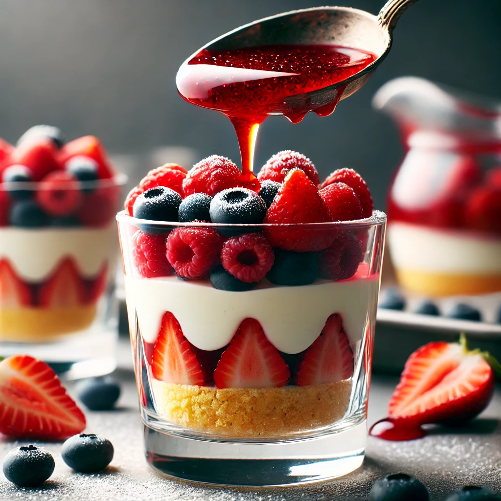 Layered berry cheesecake verrine with fresh strawberries, raspberries, and blueberries on top, perfect for a healthy and indulgent dessert.