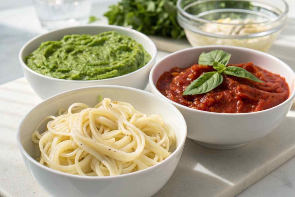 Three small bowls filled with vibrant pasta sauces—creamy Alfredo, green pesto, and rich red marinara—placed on a white countertop.