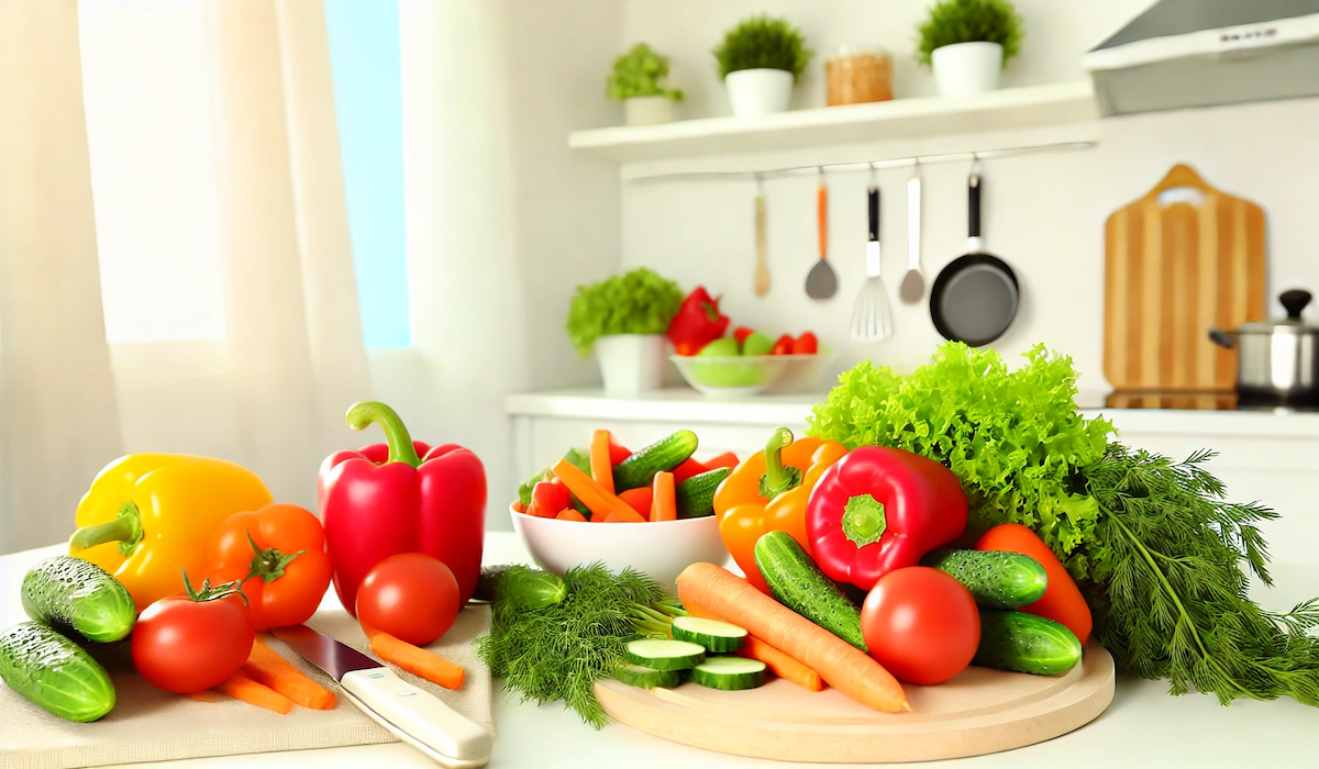 Easy Vegetarian Recipes Fresh vegetables such as bell peppers, tomatoes, cucumbers, and carrots on a kitchen countertop, perfect for vegetarian recipes