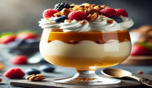 Layered butterscotch pudding parfait with cream, nuts, and fruit