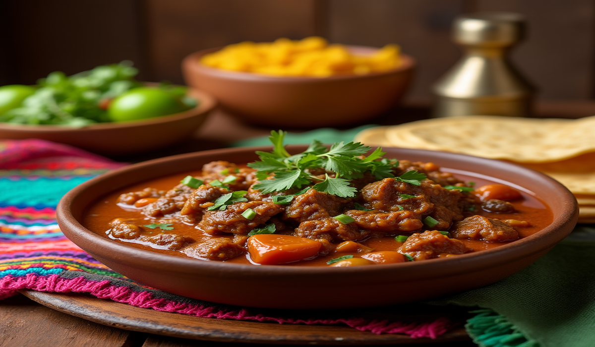 Carne Guisada, a traditional Mexican stew with tender beef in tomatillo salsa, served with tortillas and rice.