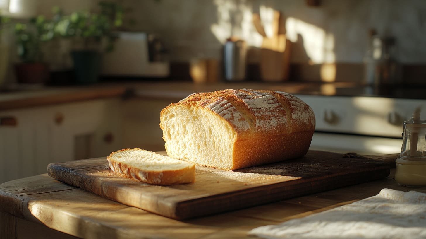 Fresh loaf of homemade sandwich bread on a wooden cutting board, surrounded by natural light.