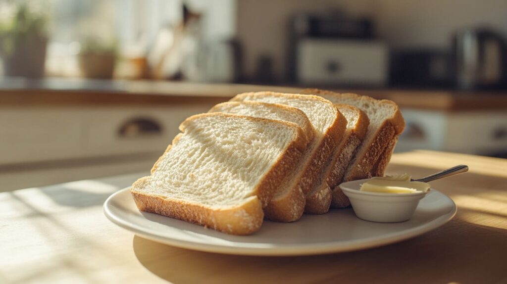 Slices of soft sandwich bread neatly arranged on a plate, with a small butter dish on the side.