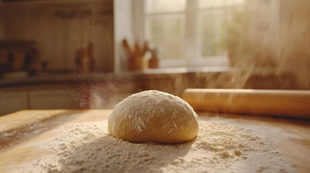 Bread dough being kneaded on a floured wooden surface, with a rolling pin in the background.