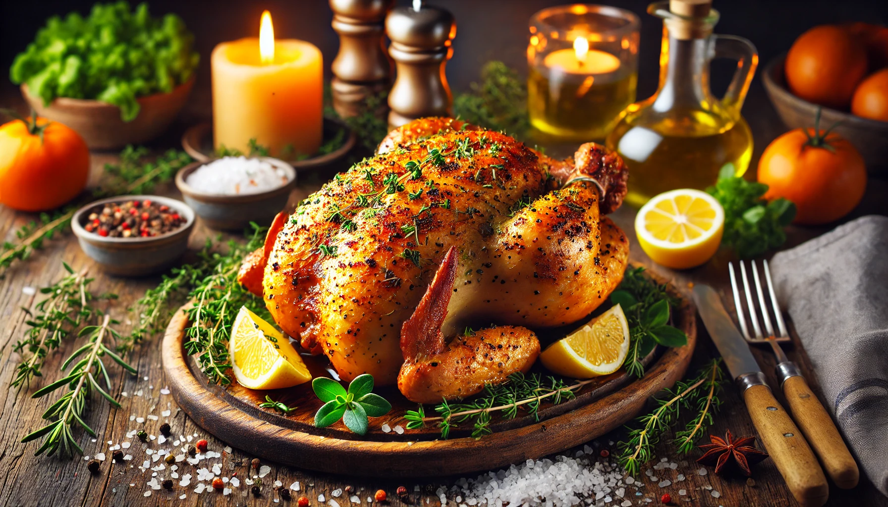 Roasted whole chicken with herbs and lemon wedges on a rustic wooden board, surrounded by sea salt and fresh thyme.