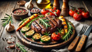 Perfectly tender steak served with roasted vegetables and fresh herbs on a rustic wooden plate