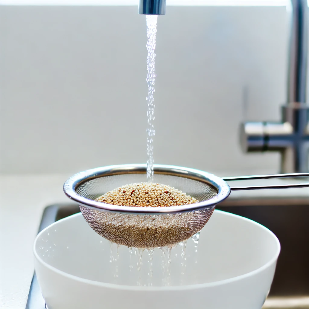 Rinsing quinoa under cold water in a fine-mesh sieve.