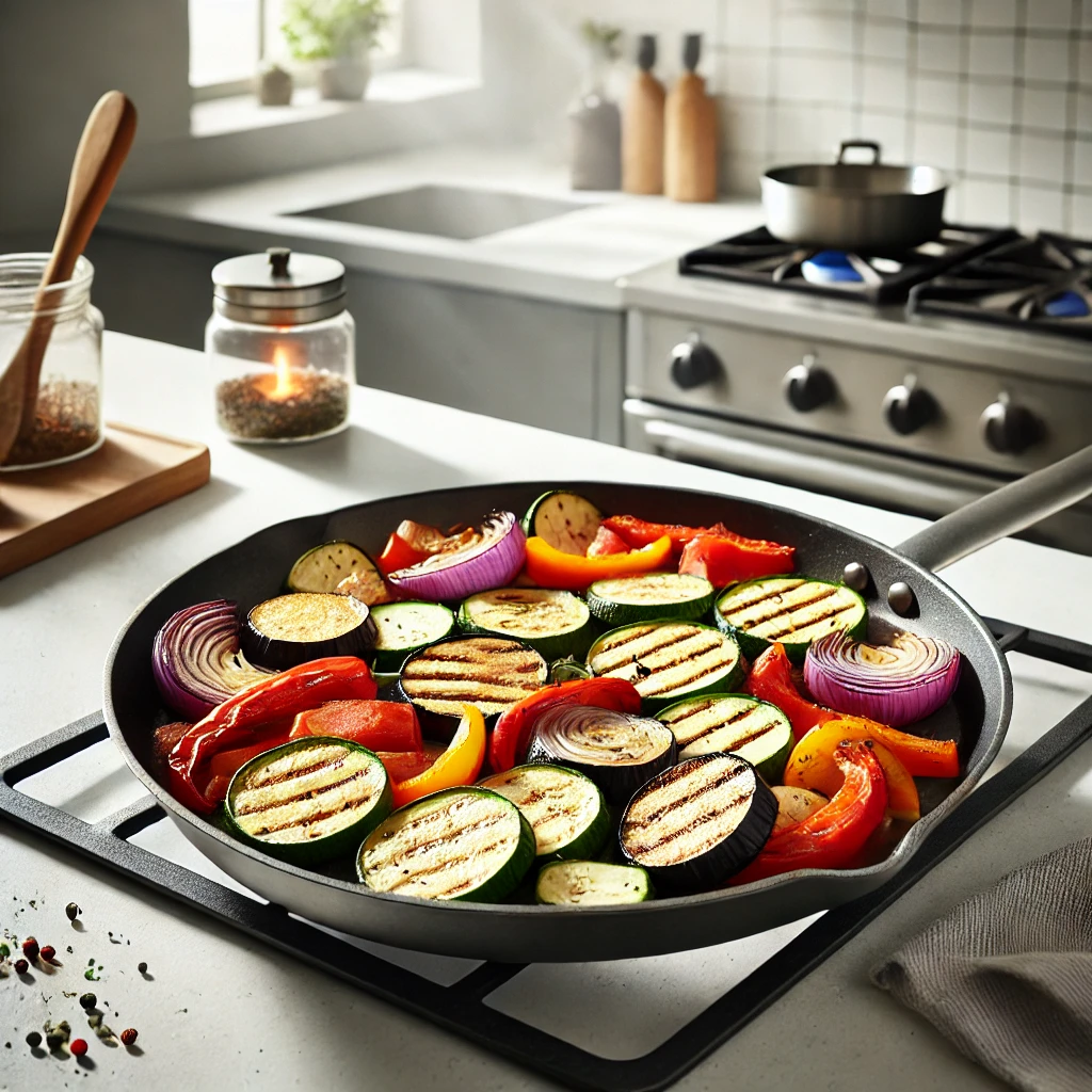 Grilled vegetables, lightly charred, in a pan on the stovetop.