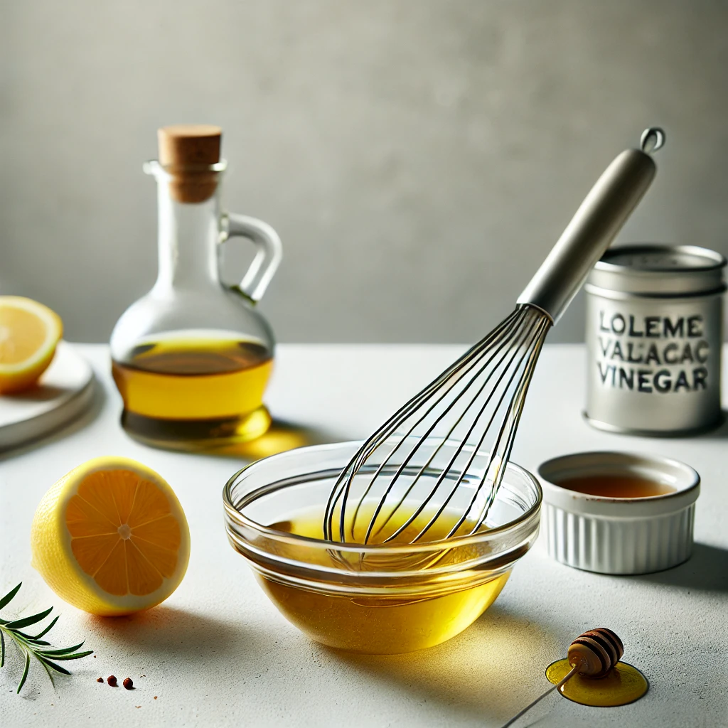 Lemon vinaigrette ingredients including lemon juice, olive oil, balsamic vinegar, and honey being whisked in a glass bowl.