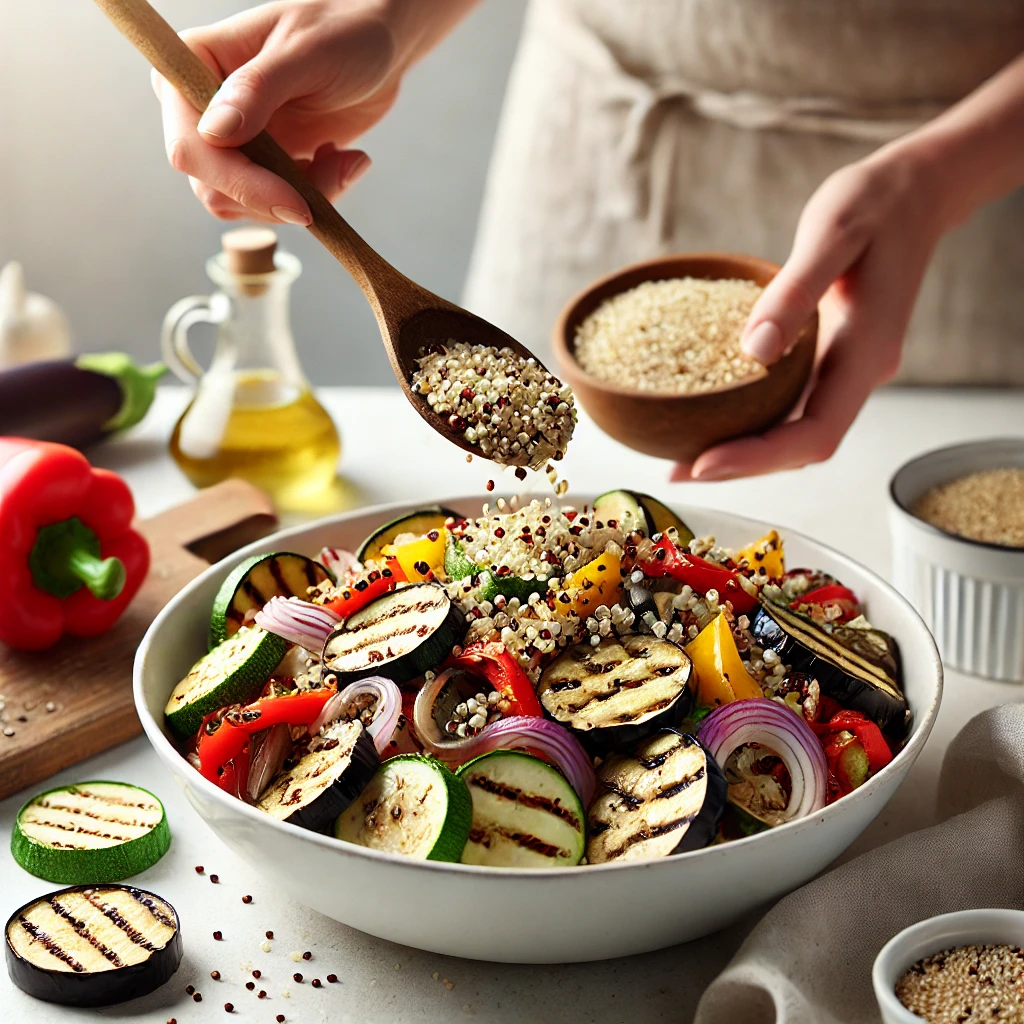 Mixing cooked quinoa with grilled vegetables in a large bowl.