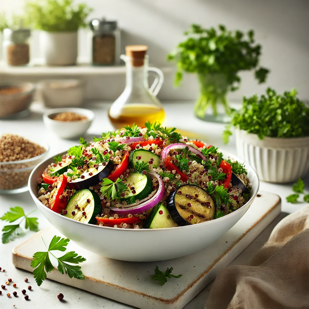 Quinoa salad garnished with fresh herbs, ready to serve.