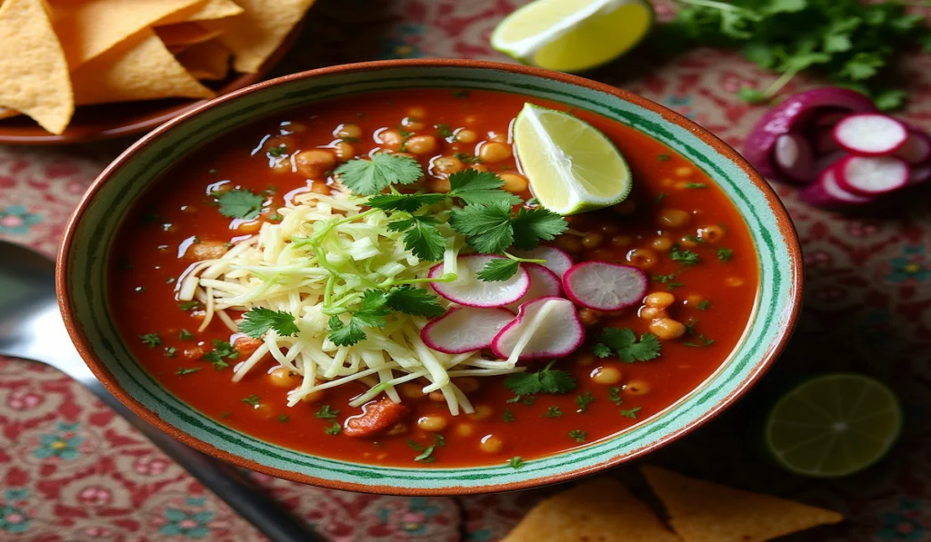 Pozole Rojo, a traditional Mexican stew with pork, hominy, and toppings like cabbage, radish, and lime.