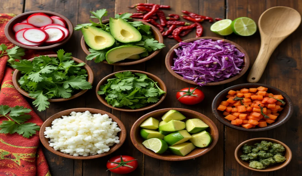 Toppings for traditional Mexican stews, including radish, cilantro, lime wedges, and avocado slices.