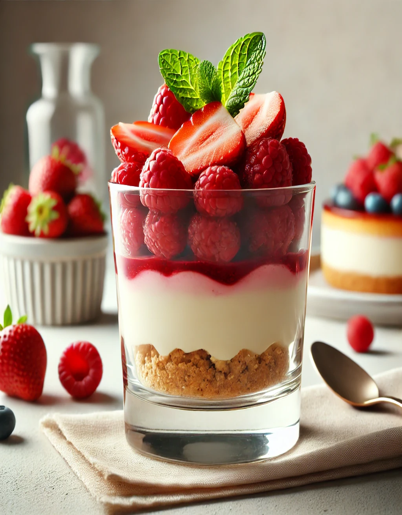 Berry cheesecake verrine layered with cream, crumbs, and topped with fresh berries, perfect for a light dessert.