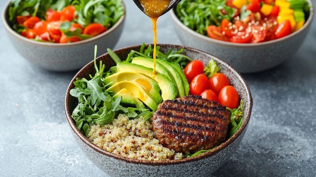 A step-by-step layering of a burger bowl recipe in progress.