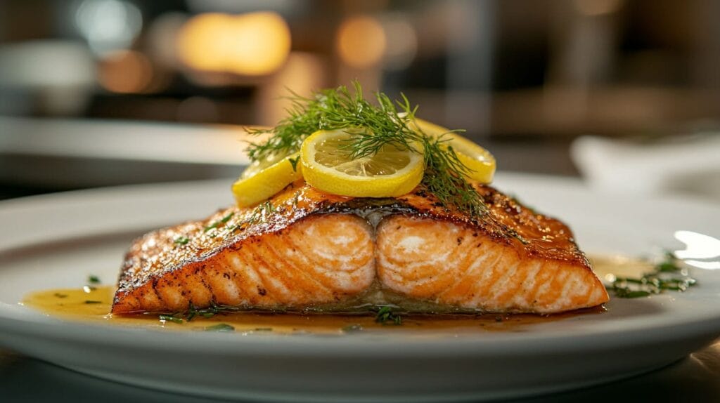 Baked king salmon with lemon slices and fresh dill on a white plate