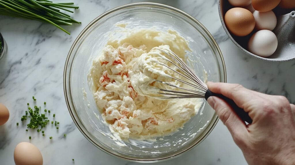 Preparing the custard base for crab brûlée, with whisked eggs and cream being combined in a bowl.