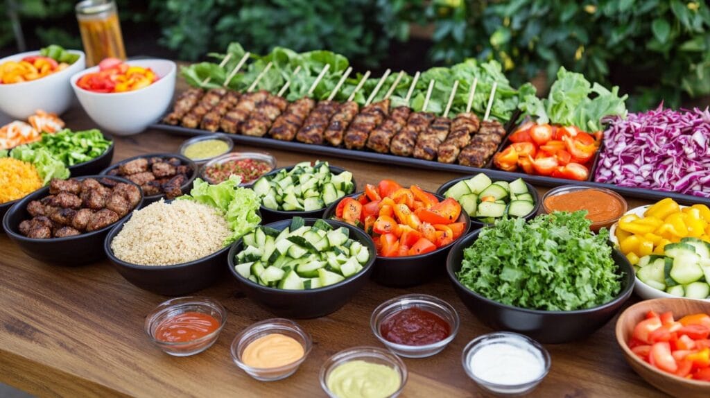 A burger bowl bar setup with different bases, proteins, and toppings.