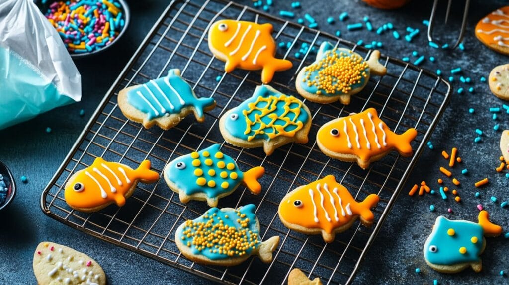 Colorfully decorated fish-shaped cookies on a cooling rack with icing tools nearby.