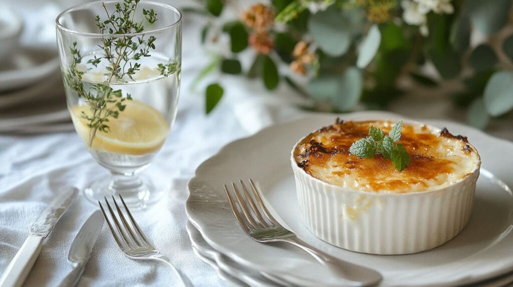 A dining table setup featuring crab brûlée served with a refreshing glass of infused water and decorative garnishes.