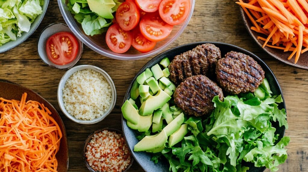 Ingredients for a burger bowl recipe displayed neatly on a kitchen counter.