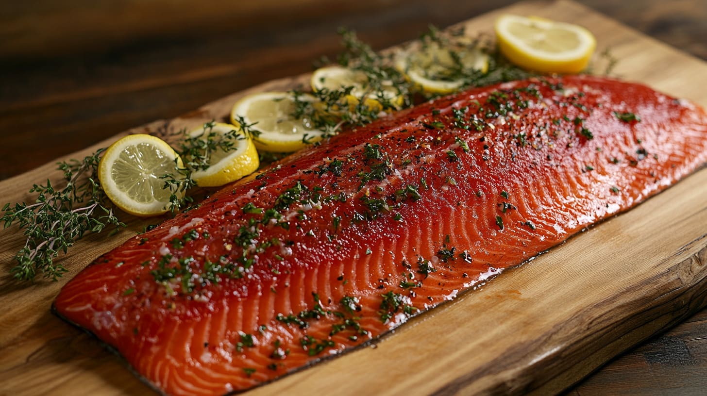 Fresh raw king salmon fillet on a wooden board with lemon slices and herbs