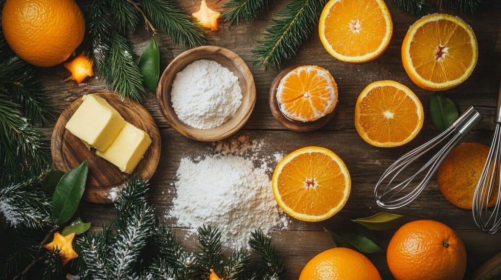 Baking ingredients for orange fish cookies, including flour, butter, sugar, and fresh oranges.