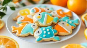 A plate of freshly baked orange fish-shaped cookies decorated with colorful icing.