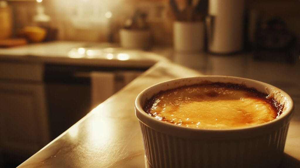 Overcooked crème brûlée showing cracks and a grainy texture.