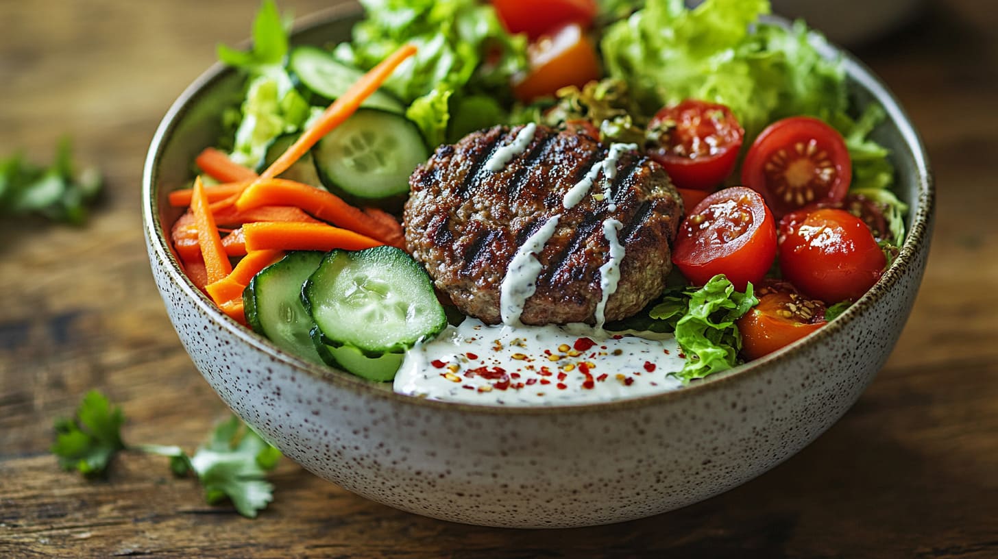 A vibrant burger bowl with fresh vegetables, grilled patty, and a drizzle of sauce.