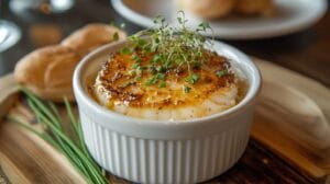 A beautifully plated crab brûlée in a ramekin with a golden caramelized crust, garnished with fresh herbs.