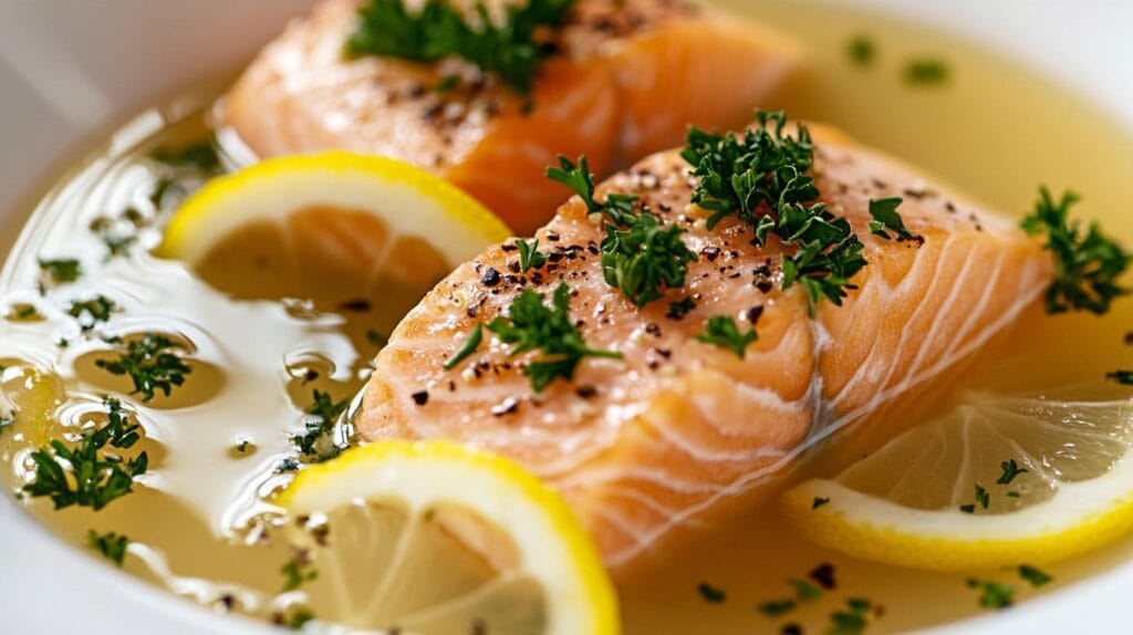 Poached king salmon fillet in a light herb broth with garnish