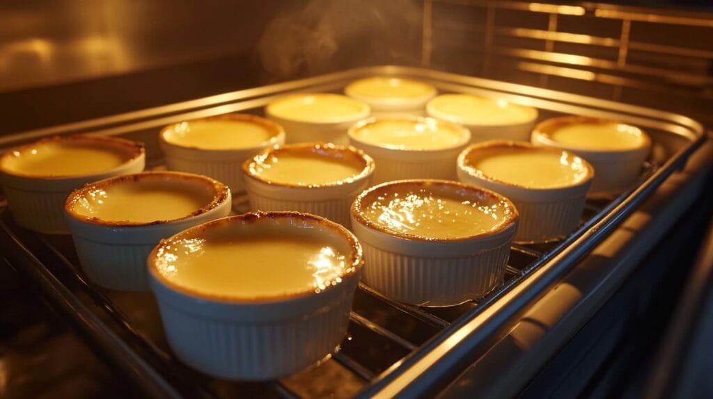 Crème brûlée ramekins in a water bath ready for baking.