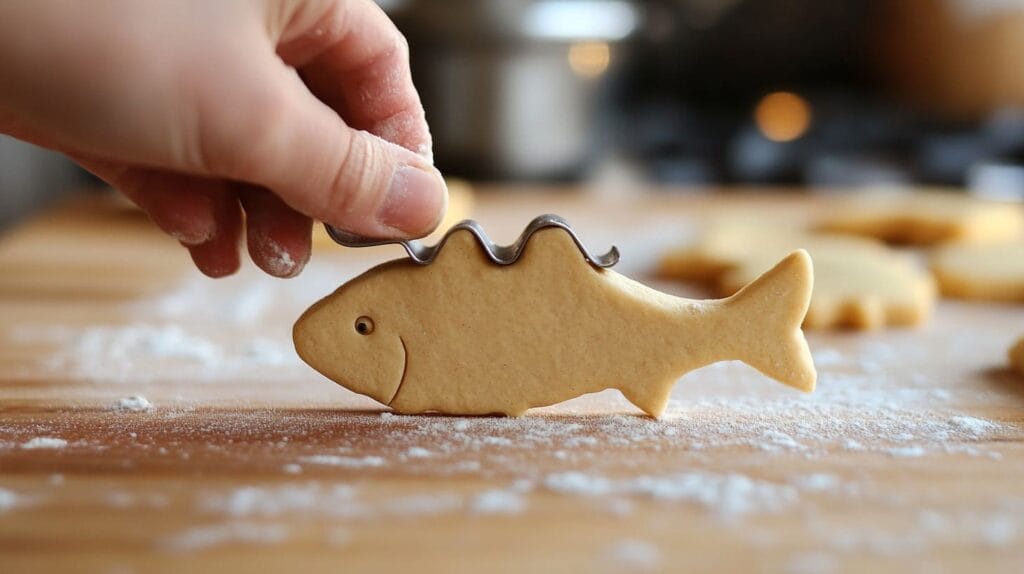 A baker cutting fish shapes from rolled cookie dough using a cookie cutter.