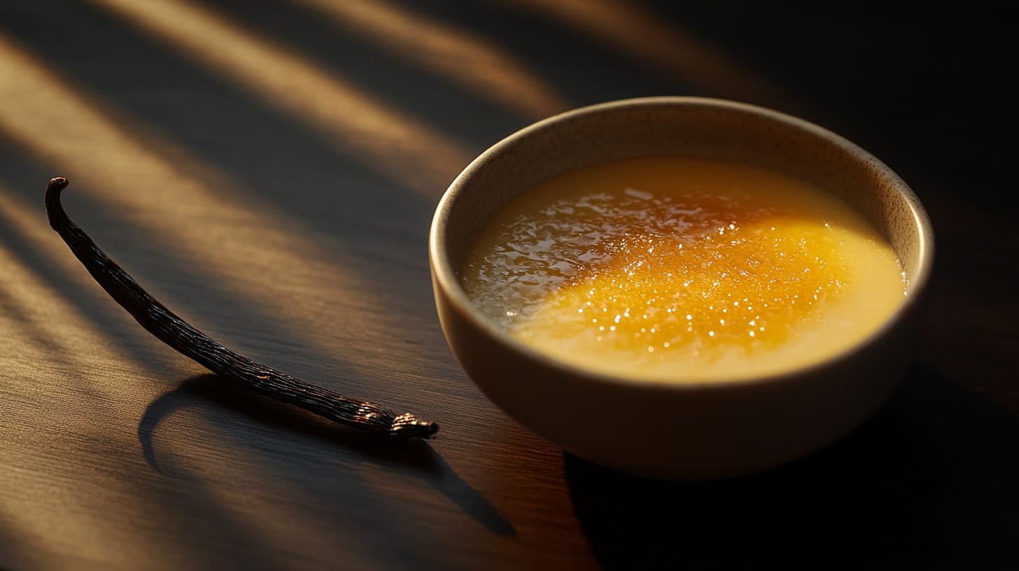 A freshly made crème brûlée with a perfectly caramelized sugar crust. Title: The Perfect Crème Brûlée