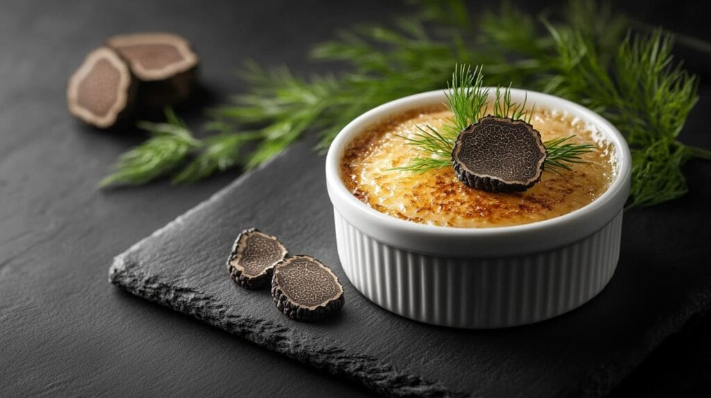 Truffle-infused crab brûlée served in a ramekin with a garnish of truffle slices and a sprig of dill.