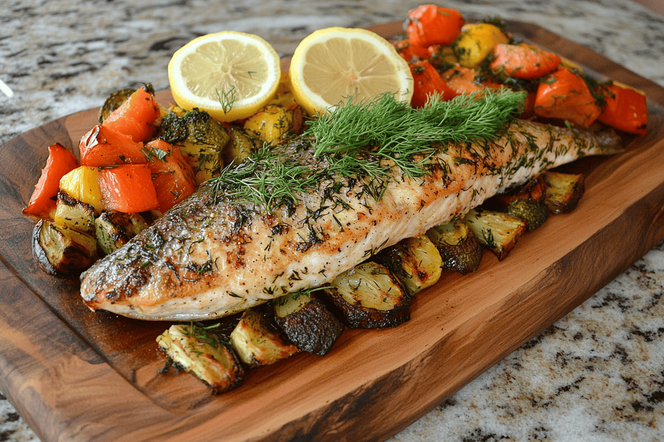 Baked steelhead trout fillet with lemon and dill garnish.