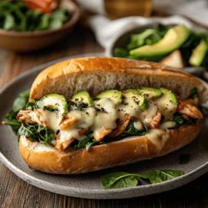 California chicken cheesesteak with avocado and spinach.