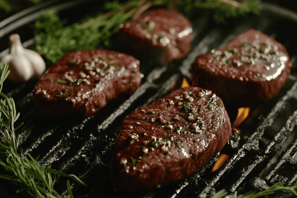 Grilling venison steaks with sear marks and herbs