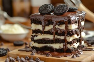 Close-up of slutty brownies with cookie dough, Oreos, and rich brownie layers.