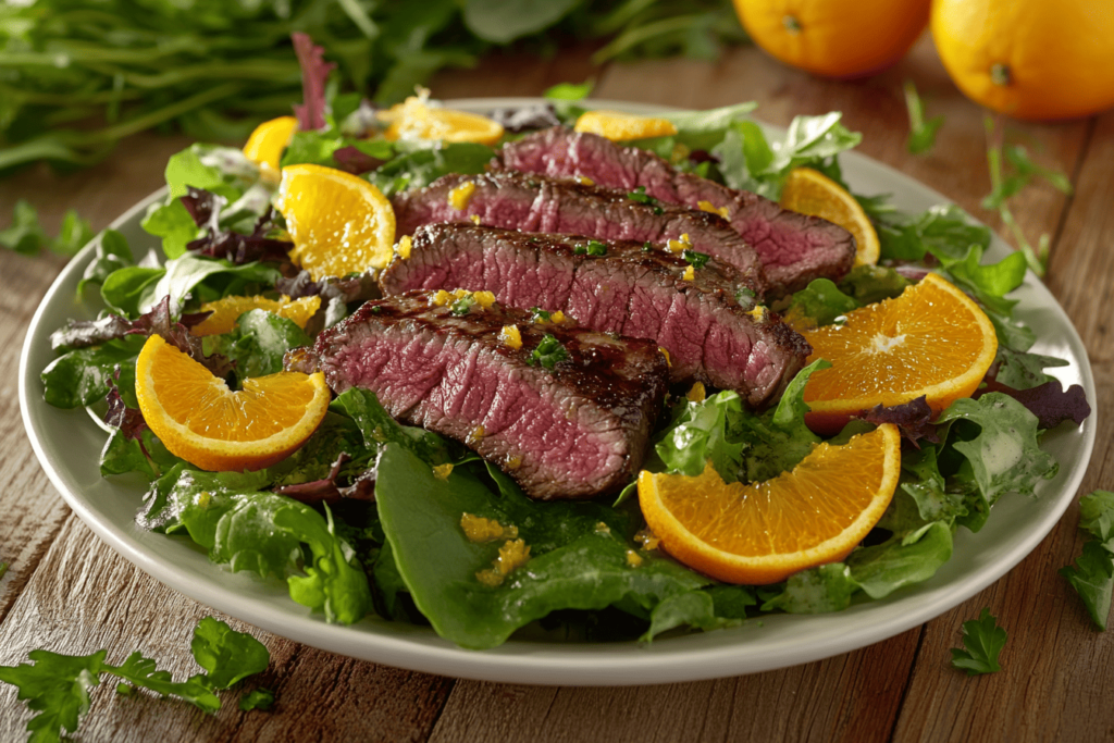 Venison steak salad with citrus dressing and mixed greens