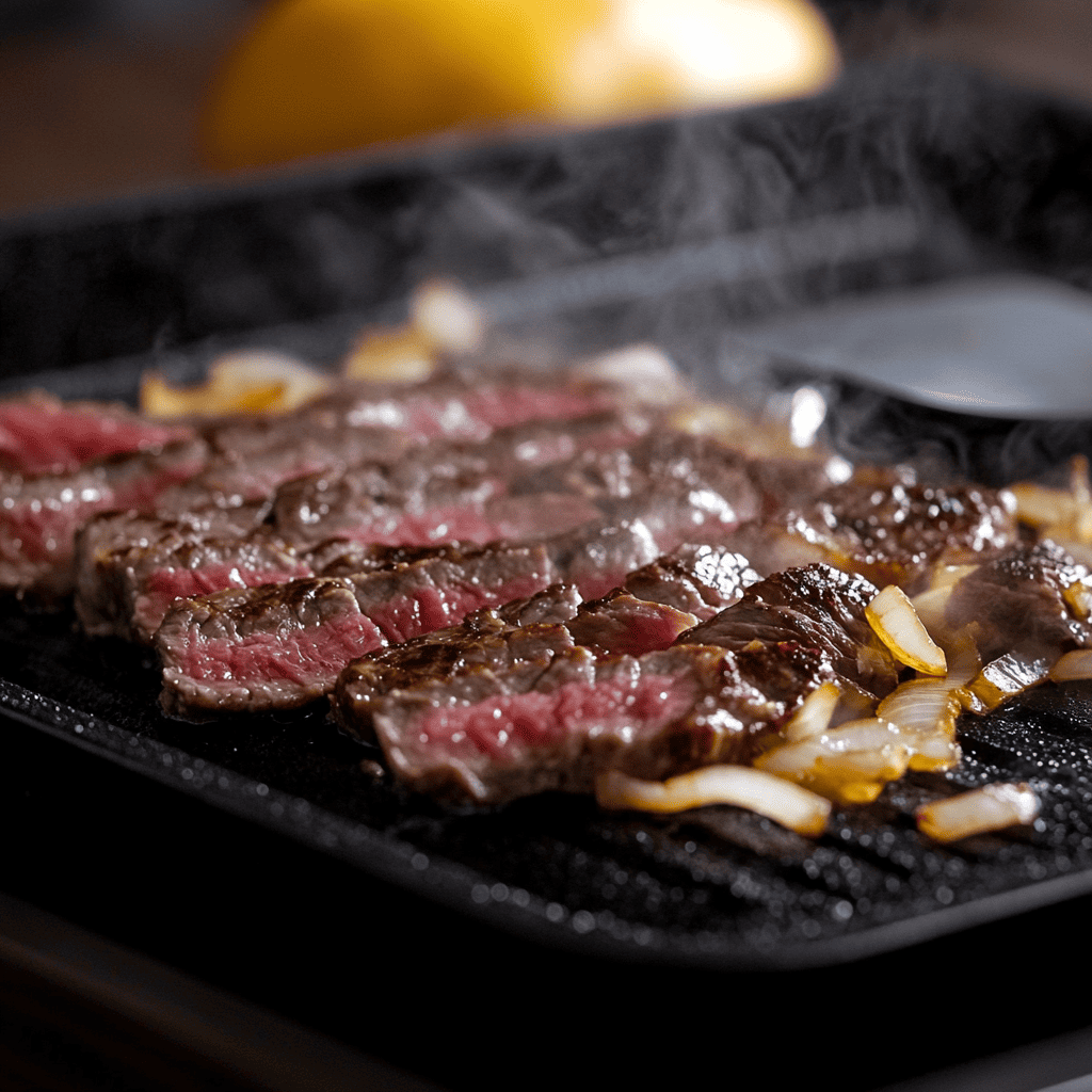 Ribeye steak and onions cooking on a griddle