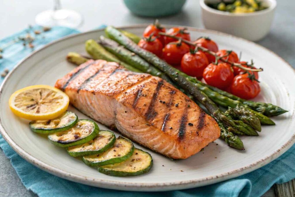 Grilled salmon fillet with char marks and vibrant vegetables