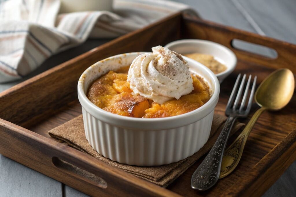 Individual serving of peach cobbler in a ramekin topped with whipped cream