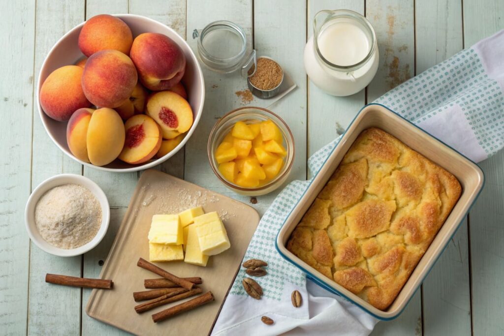 Ingredients for peach cobbler with cake mix laid out on a wooden table