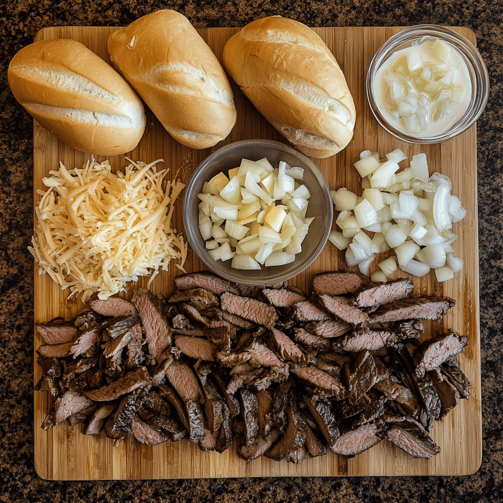 Ingredients for making a Philly cheesesteak at home