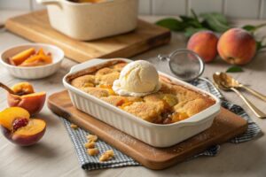 Golden brown peach cobbler with cake mix topped with ice cream