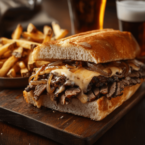 Classic Philly cheesesteak with steak, cheese, and onions